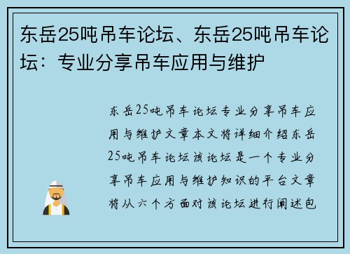 东岳25吨吊车论坛、东岳25吨吊车论坛:专业分享吊车应用与维护