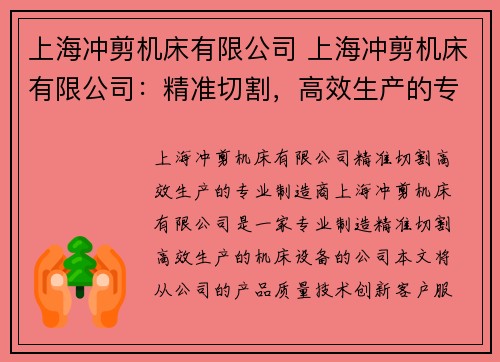 上海冲剪机床有限公司 上海冲剪机床有限公司:精准切割,高效生产的专业制造商